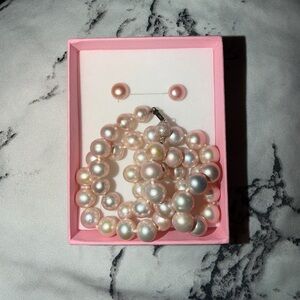Vintage Lustrous Genuine Pearl Necklace and Earring Set with silver lock.